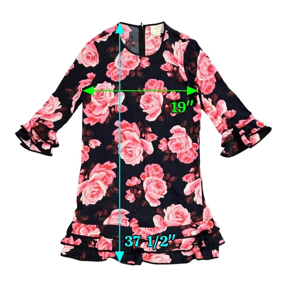 Kate Spade Rosa Black Pink Floral Tiered Ruffle Dress Romantic Date Night